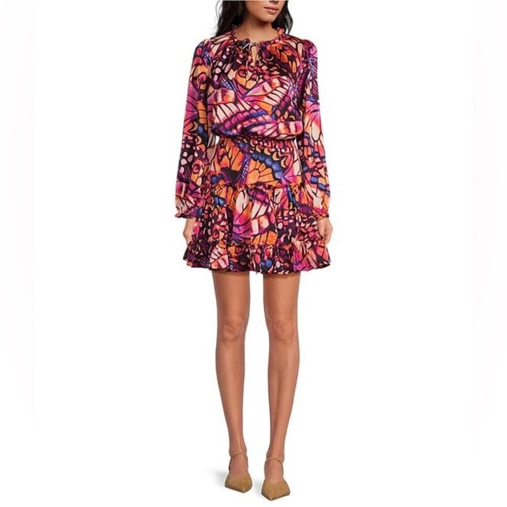 Skies Are Blue Butterfly Print Split V Neck Long Sleeve Mini Dress Size 2X